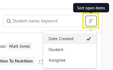 Dropdown menu for sorting open items, with options Date Created, Student, and Assignee.
