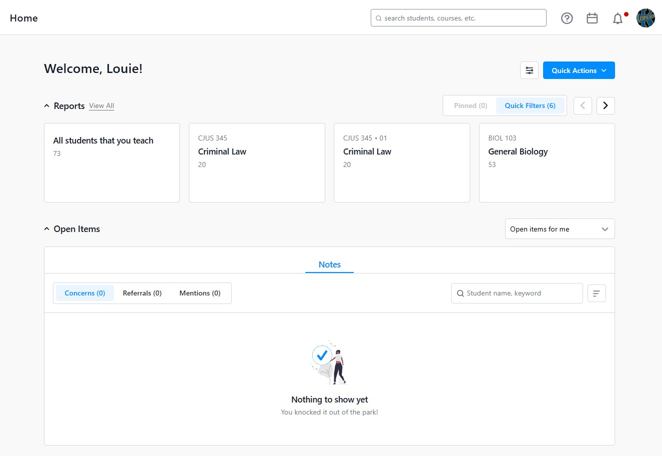 Home dashboard showing reports for taught students and courses, plus an Open Items section with no concerns, referrals, or mentions.