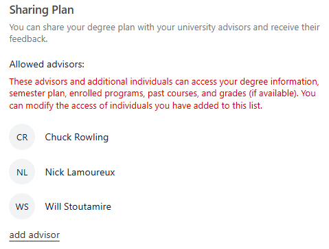 Sharing Plan settings screen showing a list of allowed advisors (Chuck Rowling, Nick Lamoureux, and Will Stoutamire) and an “add advisor” link.