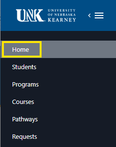UNK University of Nebraska at Kearney mobile navigation menu with the Home item highlighted and links for Students, Programs, Courses, Pathways, and Requests.