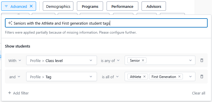 Screenshot of an “Advanced” filter panel showing students filtered to Class level: Senior and tags: Athlete and First Generation.