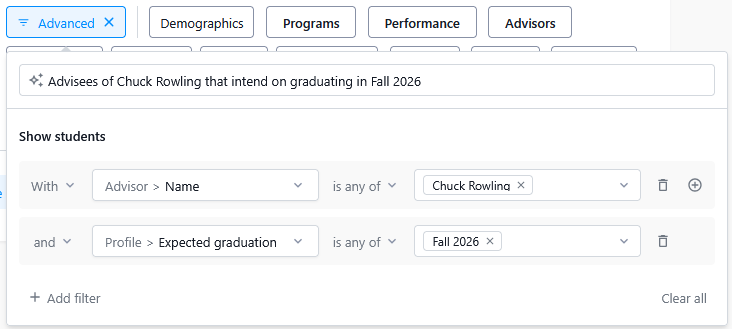 Advanced filter panel showing advisees of Chuck Rowling with an expected graduation term of Fall 2026.