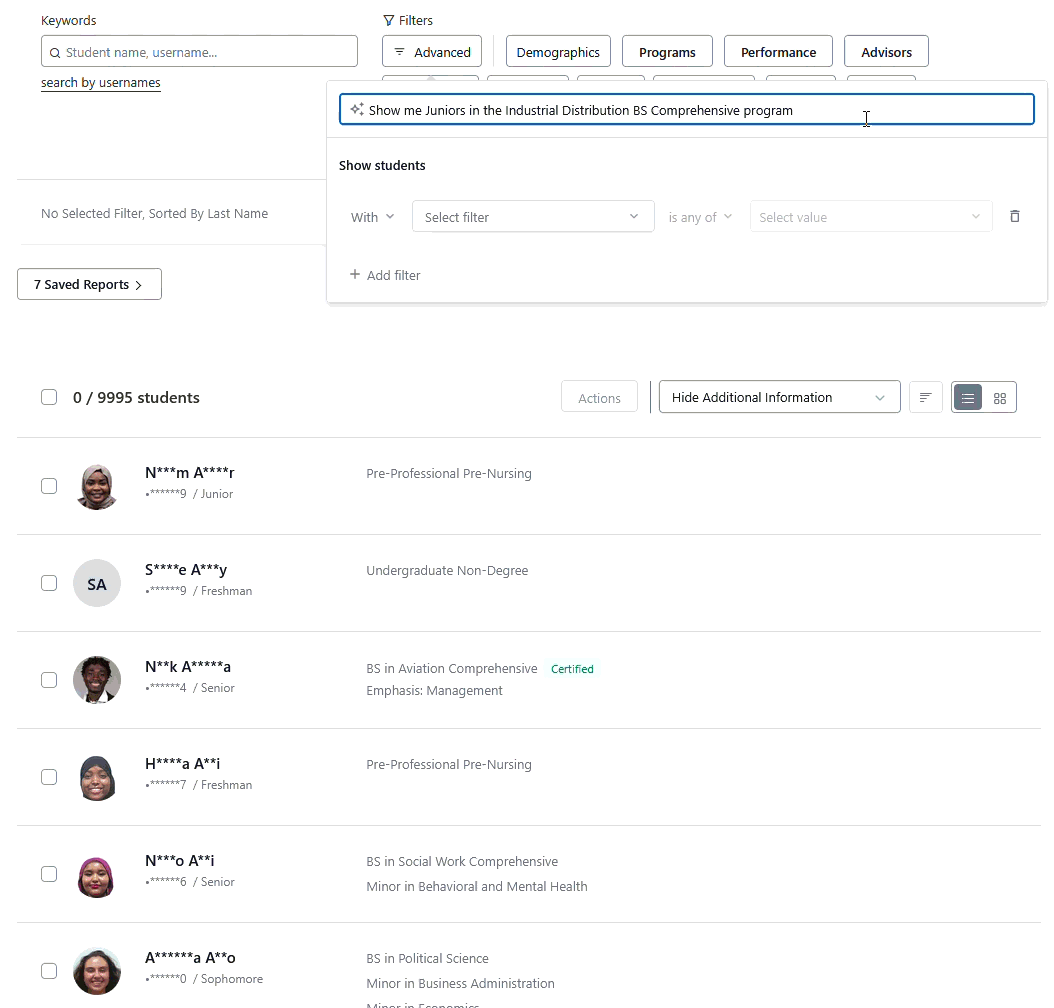 Student search and filtering dashboard showing a query to list juniors in the Industrial Distribution BS Comprehensive program and a table of student records with names, class year, and program.