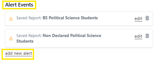 Alert Events panel listing two saved reports with edit and delete options, plus an add new alert link.