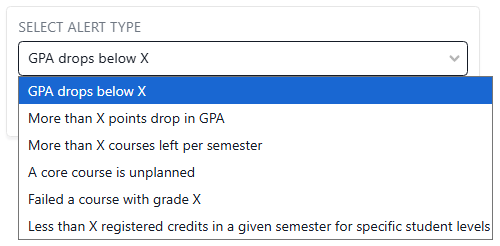 Dropdown menu for selecting an alert type, showing options like “GPA drops below X” and other GPA or course-related alerts.