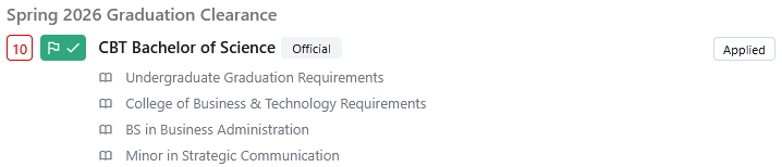 Screenshot of a graduation clearance checklist for Spring 2026 showing CBT Bachelor of Science marked as official, with requirements for undergraduate graduation, college requirements, BS in Business,