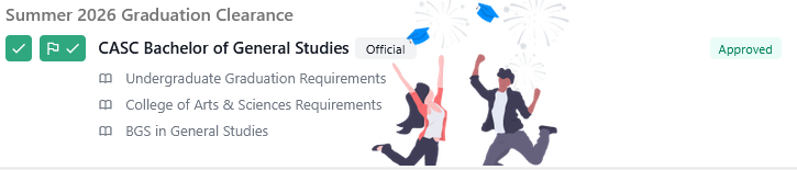 Graduation clearance screen for “Summer 2026” showing “CASC Bachelor of General Studies” marked Official and Approved, with a celebratory illustration of two students jumping.