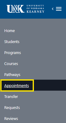 navigation menu for University of Nebraska at Kearney, showing the “Appointments” link highlighted.