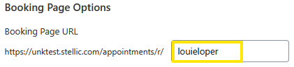 Booking Page Options screen showing a Booking Page URL with an editable text field highlighted containing "louieloper".