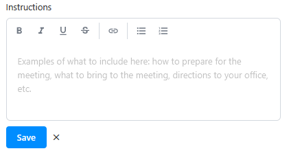 Text editor labeled “Instructions” with formatting toolbar, a placeholder note about what to include, and a “Save” button below.