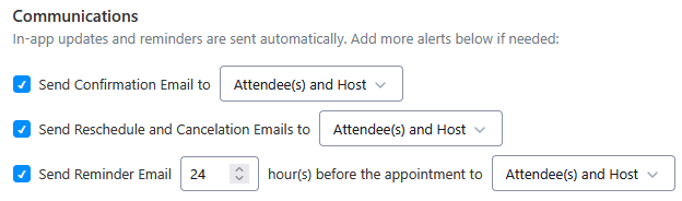 Communications settings panel with checked options to send confirmation, reschedule/cancelation, and reminder emails to attendee(s) and host, including a reminder set to 24 hours before the meeting.