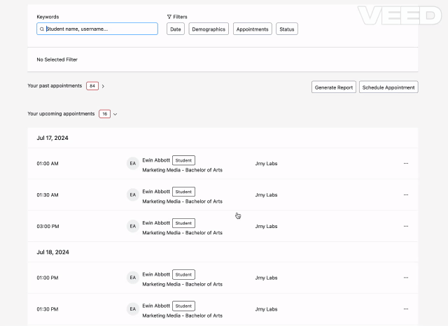 Appointments dashboard with a keyword search, filter buttons (Date, Demographics, Appointments, Status), and a list of upcoming and past appointments grouped by date and time.