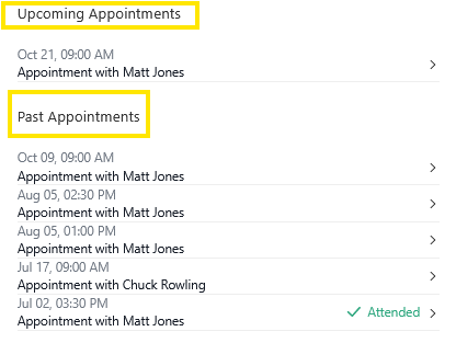 Screenshot of an appointments list showing sections for Upcoming Appointments and Past Appointments, with dates, times, and provider names.