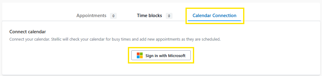 Calendar Connection setup screen showing the "Connect calendar" section with a "Sign in with Microsoft" button highlighted.