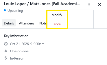 Screenshot of an appointment details page with “Modify” and “Cancel” buttons highlighted in the top-right corner.
