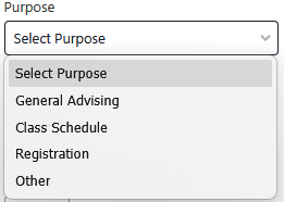 Open dropdown menu labeled “Purpose” showing options: Select Purpose, General Advising, Class Schedule, Registration, and Other.