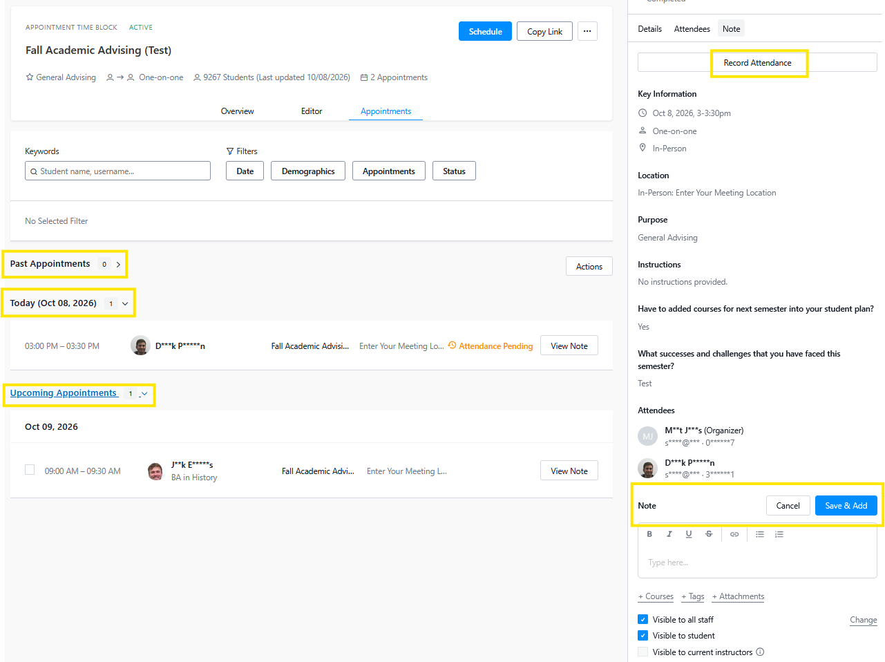 Screenshot of an appointment scheduling dashboard showing past and upcoming appointments with a details panel on the right and a highlighted note entry area.