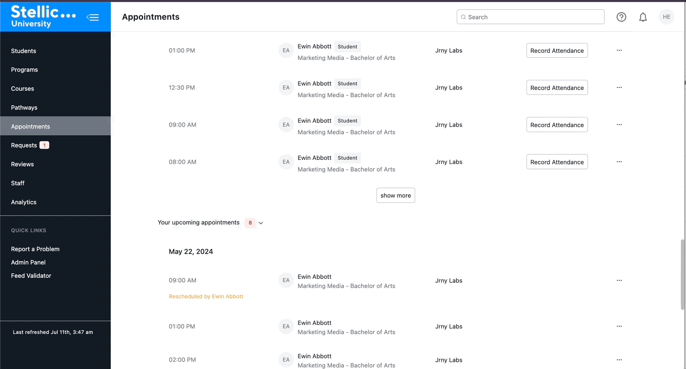 Appointments dashboard for Stellic University showing a list of student appointments with times, student name, program, location, and “Record Attendance” buttons.