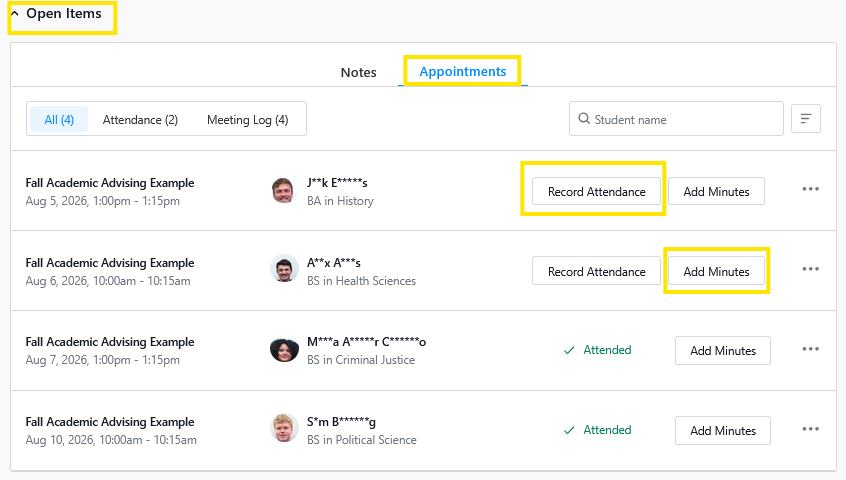 Appointments tab in an advising dashboard showing a list of student meetings with buttons to record attendance or add minutes.