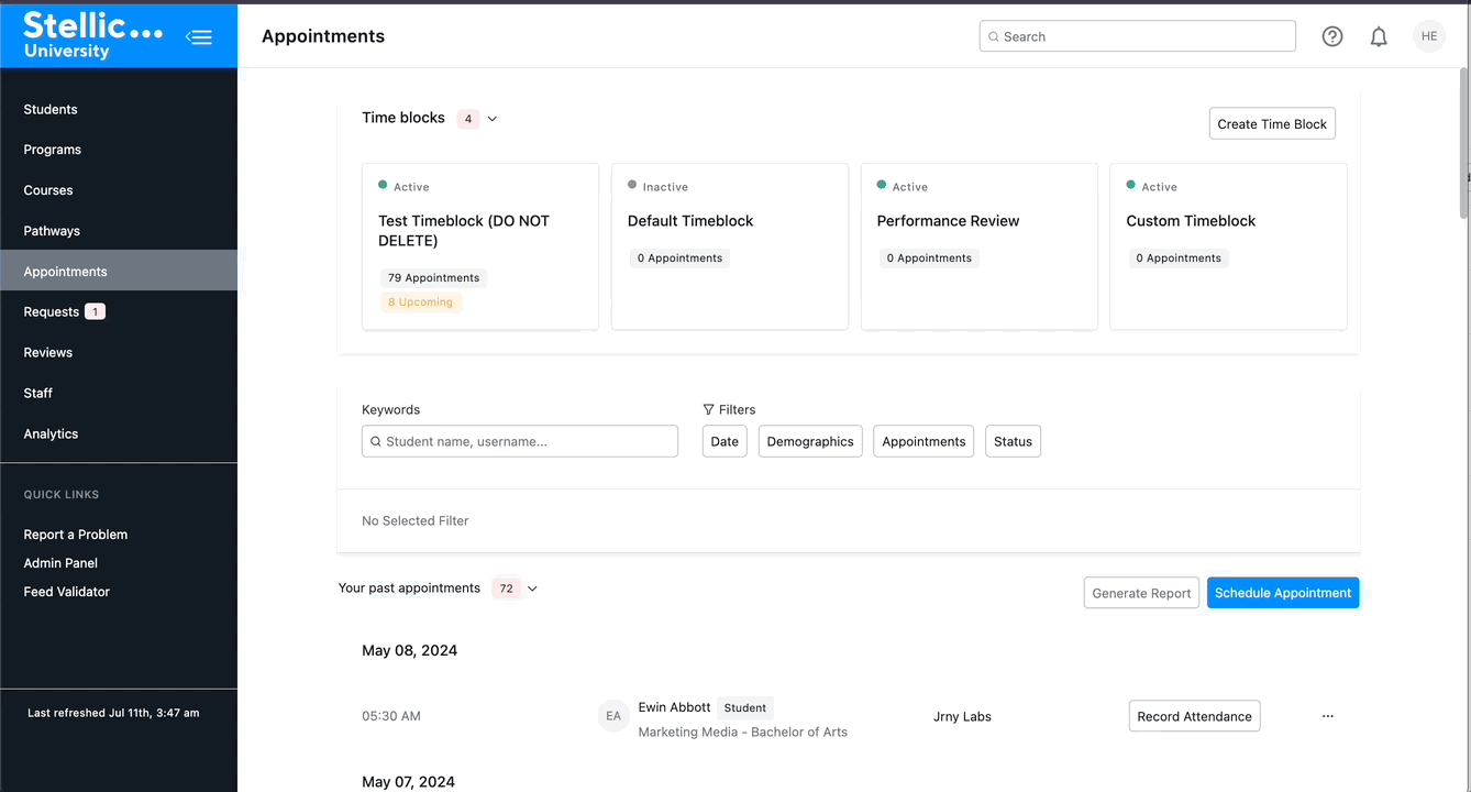 Stellic University Appointments dashboard showing time block cards (Test Timeblock, Default Timeblock, Performance Review, Custom Timeblock) with appointment counts, plus filters and a past-appointm