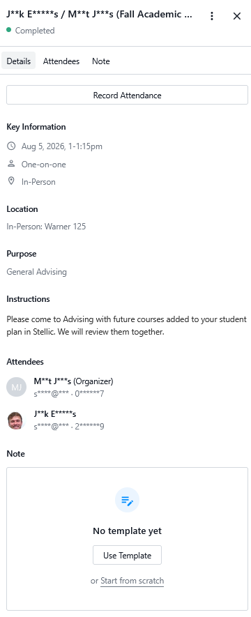 Appointment details page showing a one-on-one, in-person academic advising meeting with date/time, location, purpose, instructions, attendees, and a “Record Attendance” button.