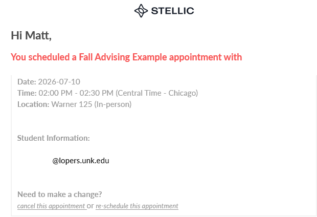 Screenshot of a Stellic appointment confirmation showing a Fall Advising Example meeting scheduled for July 10, 2026, 2:00–2:30 PM Central Time, in-person at Warner 125, with links to cancel or reshec
