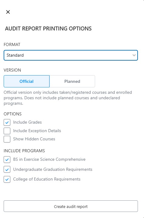 Audit Report Printing Options with format dropdown, Official/Planned toggle, option checkboxes, and a Create audit report button.