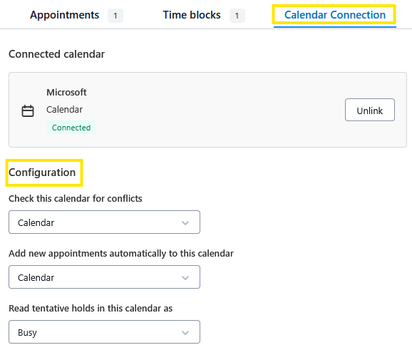 Screenshot of a Calendar Connection settings page showing a connected Microsoft Calendar and configuration dropdowns for conflict checks, adding appointments, and tentative hold status.