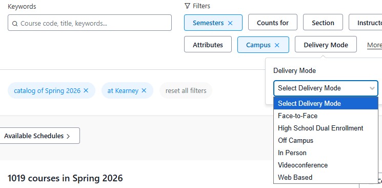 Screenshot example of Course search page showing filters for Spring 2026 at Kearney, with the Delivery Mode dropdown menu expanded.