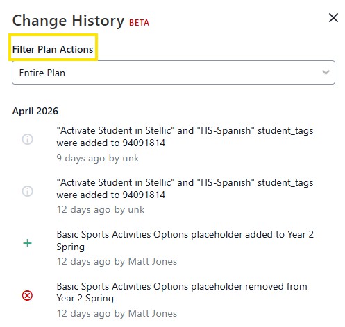 Change History dialog with a highlighted “Filter Plan Actions” dropdown above a list of recent updates.