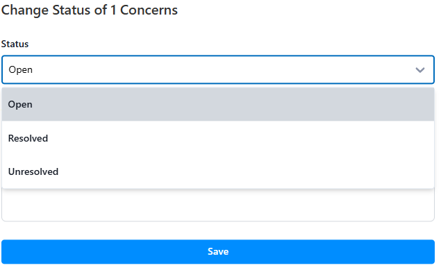 Change Status form with a Status dropdown open showing Open, Resolved, and Unresolved options, and a Save button.