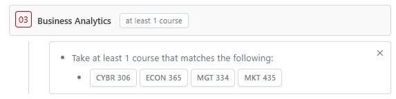 Screenshot example of Business Analytics requirement showing at least one course needed: CYBR 306, ECON 365, MGT 334, or MKT 435.