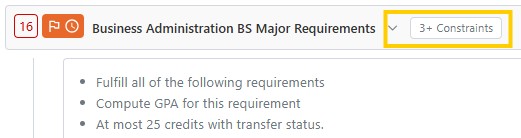 Screenshot example of student degree audit header showing “Business Administration BS Major Requirements” with a “3+ Constraints” button highlighted.