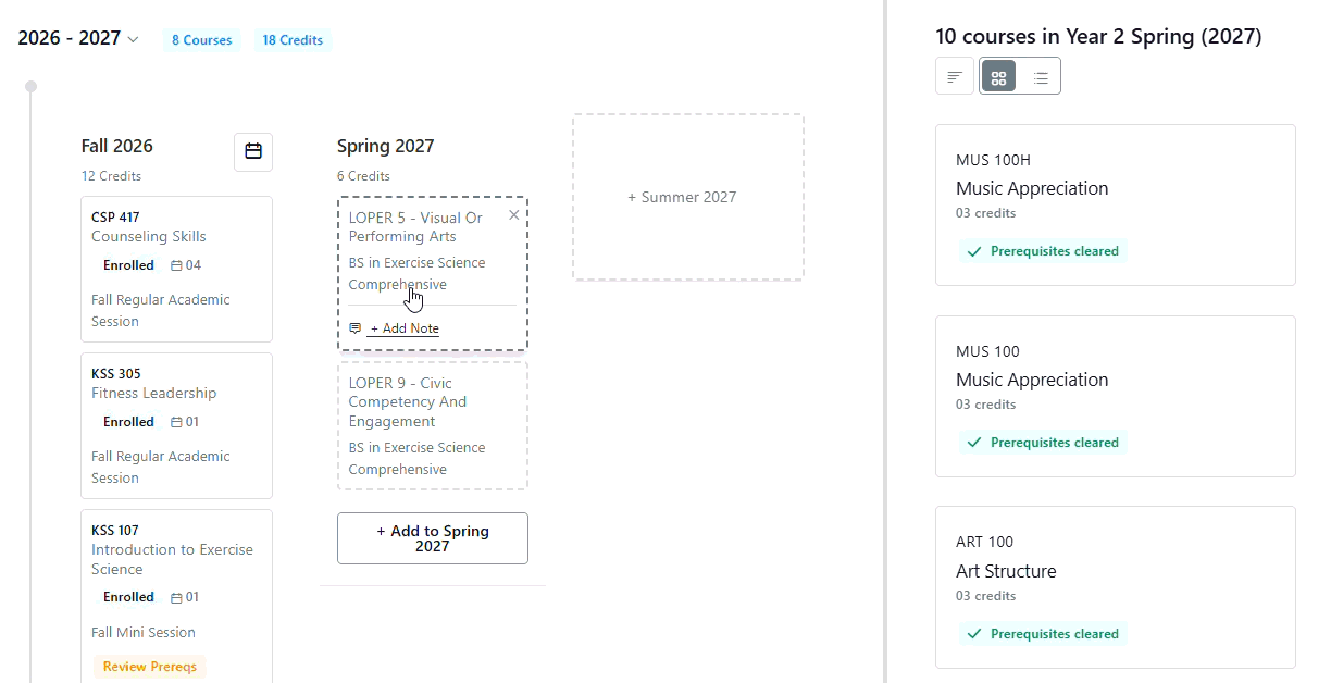Course plan showing Fall 2026 and Spring 2027 term schedules with enrolled courses and a sidebar list of available courses with prerequisites cleared.