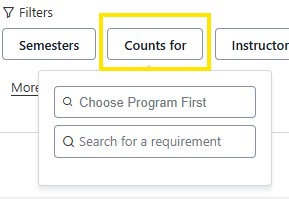 Dropdown filter labeled “Counts for” highlighted, with search fields for choosing a program and a requirement.