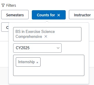 Filter dropdown showing selected options: BS in Exercise Science Comprehensive, CY2025, and Internship.