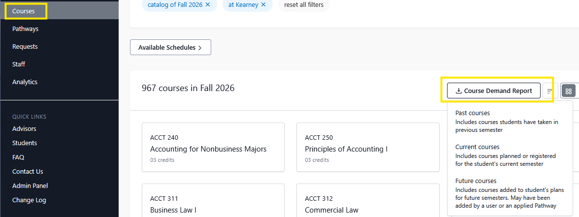 Course catalog page for Fall 2026 showing course cards and a highlighted "Course Demand Report" button with a dropdown explaining past, current, and future courses.