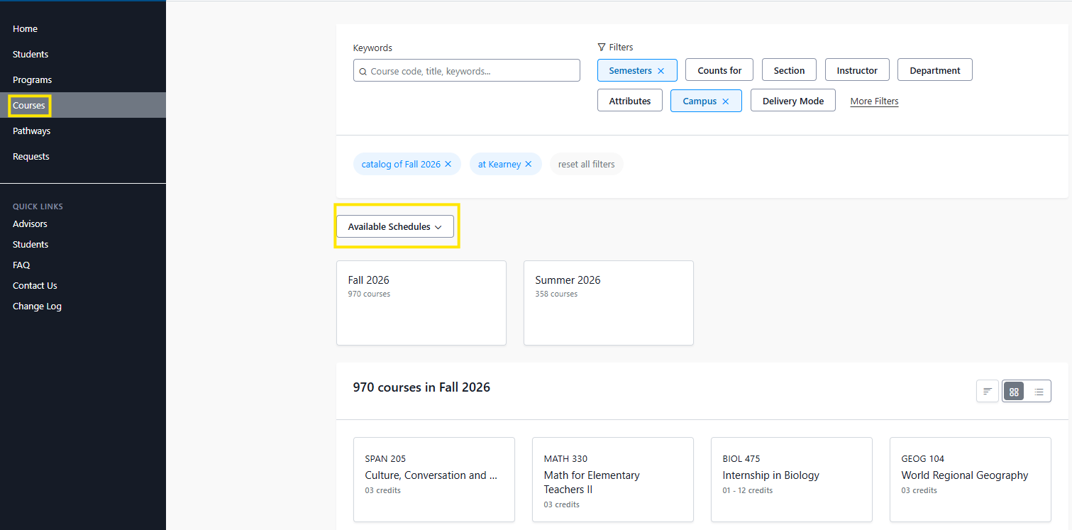 Course catalog page showing filters for Fall 2026 at Kearney, with the highlighted "Available Schedules" dropdown above the Fall 2026 and Summer 2026 term options.