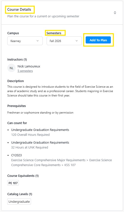 Screenshot example of course details panel showing campus and semester selectors and an Add to Plan button.