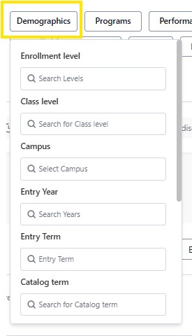 Dropdown menu under the Demographics filter showing filter fields for enrollment level, class level, campus, entry year, entry term, and catalog term.