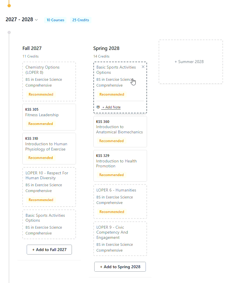 Course planning interface for 2027–2028 showing Fall 2027 and Spring 2028 columns with recommended course cards and an option to add Summer 2028.