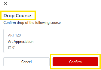 Drop Course confirmation dialog showing ART 120 Art Appreciation (section 01) with Cancel and a red Confirm button.
