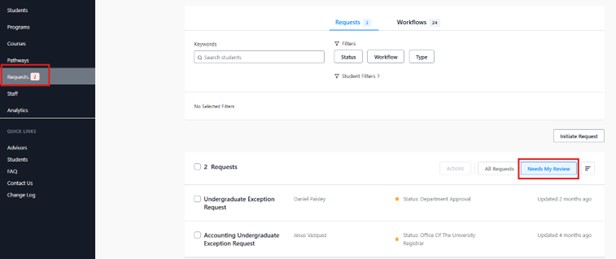 “Requests” selected, and the Requests page showing the approval workflow of requests with a “Needs My Review” filter highlighted.