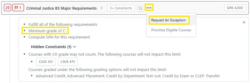 Degree audit screen for Criminal Justice BS requirements showing a “Minimum grade of C-” constraint and a highlighted “Request An Exception” option in the menu.