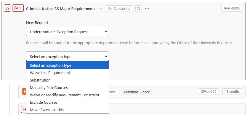 Degree audit screen for Criminal Justice BS major requirements showing an Undergraduate Exception Request form with the exception type dropdown menu expanded to show exception types.