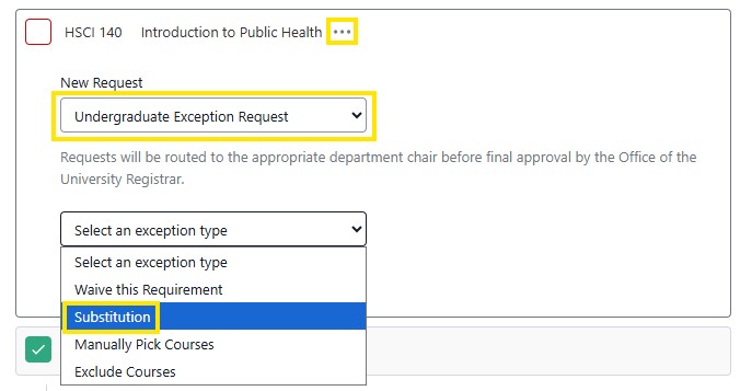 Course exception request form with the “Undergraduate Exception Request” dropdown selected and the “Substitution” exception type highlighted.