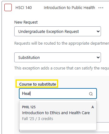 Course substitution request form with a search field for “Course to substitute” showing PHIL 125 as the suggested course substitute option.