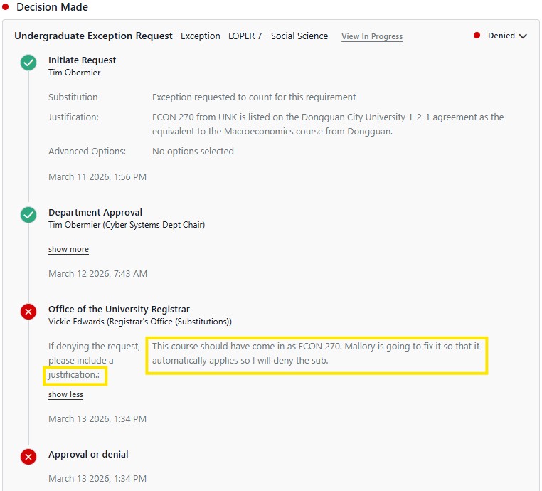 Screenshot of an Undergraduate Exception Request decision showing the request denied, with a highlighted registrar note explaining the course should have come in as ECON 270 and will be fixed to apply automatically.
