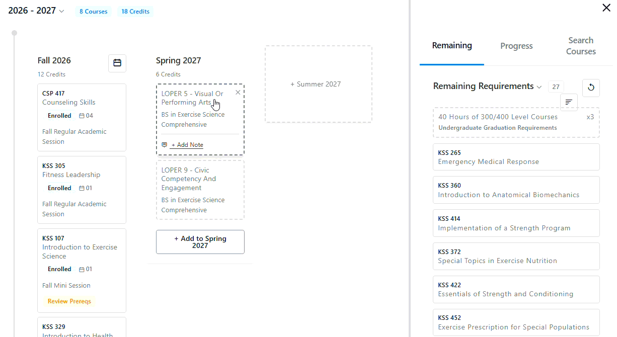 Course planning dashboard showing Fall 2026 and Spring 2027 schedules with enrolled courses and a sidebar of remaining graduation requirements and searchable courses.
