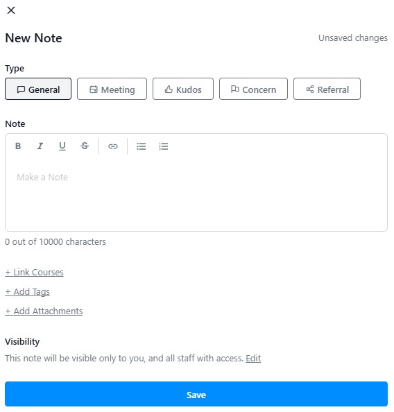 New Note form with note type buttons (General, Meeting, Kudos, Concern, Referral), a text editor field, and a Save button.